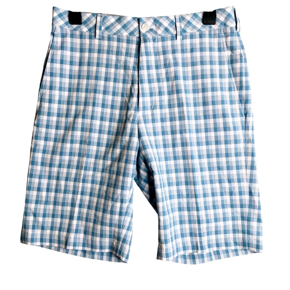 Walter Hagen Golf Shorts Mens 30 Blue White Gingham Plaid Flat Front Performance